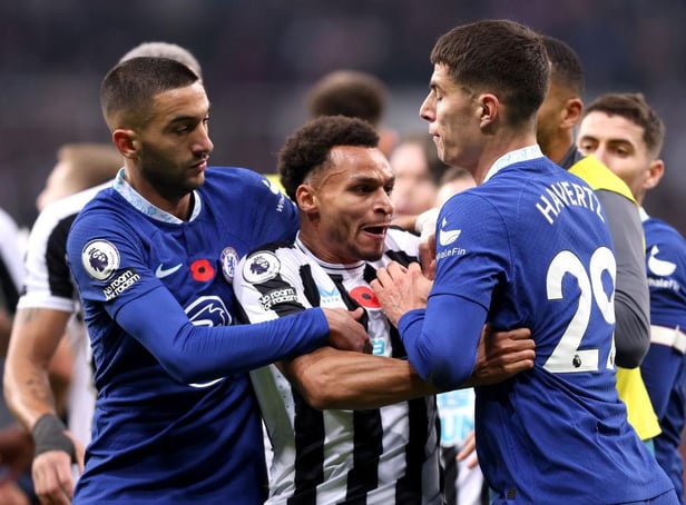 Jacob Murphy of Newcastle United clashes with Kai Havertz of Chelsea during the Premier League match between Newcastle United and Chelsea FC at St. James Park on November 12, 2022 in Newcastle upon Tyne, England. (Photo by George Wood/Getty Images)