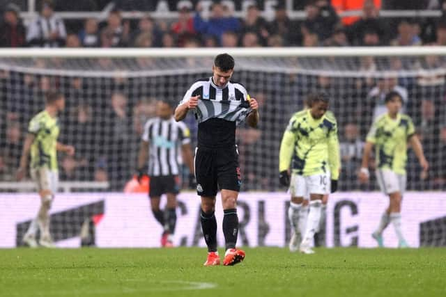 Fabian Schar of Newcastle United reacts during the Premier League match between Newcastle United and Leeds United at St. James Park on December 31, 2022 in Newcastle upon Tyne, England. (Photo by George Wood/Getty Images)