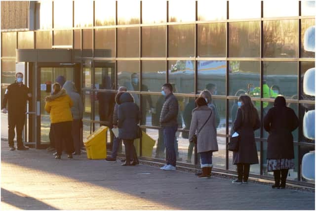 Queues of people outside of the Nighingale Hospital in Sunderland as the facility opened as a mass vaccination site.