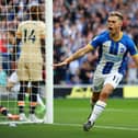 BRIGHTON, ENGLAND - OCTOBER 29: Leandro Trossard of Brighton & Hove Albion celebrates after scoring their team's first goal during the Premier League match between Brighton & Hove Albion and Chelsea FC at American Express Community Stadium on October 29, 2022 in Brighton, England. (Photo by Bryn Lennon/Getty Images)