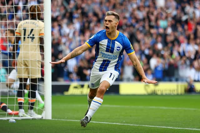 BRIGHTON, ENGLAND - OCTOBER 29: Leandro Trossard of Brighton & Hove Albion celebrates after scoring their team's first goal during the Premier League match between Brighton & Hove Albion and Chelsea FC at American Express Community Stadium on October 29, 2022 in Brighton, England. (Photo by Bryn Lennon/Getty Images)