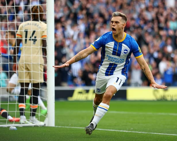 BRIGHTON, ENGLAND - OCTOBER 29: Leandro Trossard of Brighton & Hove Albion celebrates after scoring their team's first goal during the Premier League match between Brighton & Hove Albion and Chelsea FC at American Express Community Stadium on October 29, 2022 in Brighton, England. (Photo by Bryn Lennon/Getty Images)