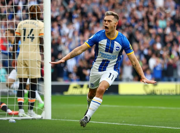BRIGHTON, ENGLAND - OCTOBER 29: Leandro Trossard of Brighton & Hove Albion celebrates after scoring their team's first goal during the Premier League match between Brighton & Hove Albion and Chelsea FC at American Express Community Stadium on October 29, 2022 in Brighton, England. (Photo by Bryn Lennon/Getty Images)