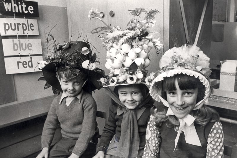 Porter Brook School's Easter Bonnet parade winners, from left, Keith Williams (6), Jane Smith (5) and Lorraine Johnson (7), pictured on March 19, 1975