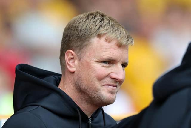 Eddie Howe, the manager of Newcastle United looks on during the Premier League match between Wolverhampton Wanderers and Newcastle United at Molineux on August 28, 2022 in Wolverhampton, England. (Photo by David Rogers/Getty Images)