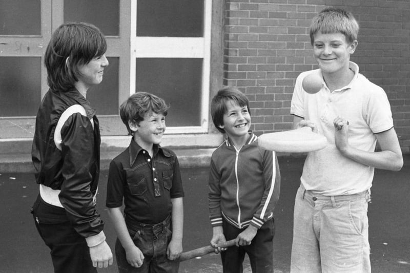 All set for a game of rounders in 1978 were, left to right: Peter Royal, 14, Richard Storey, 8, Jason McKinley, 8, Ian Tilly, 14. Wearside Echoes followers Brian Lee and Sharon Cleminson were also fans.