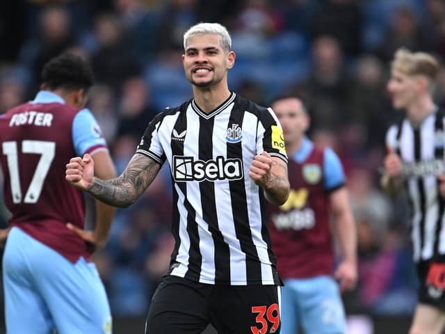 Bruno Guimaraes of Newcastle United celebrates after scoring the third Newcastle goal during the Premier League match between Burnley FC and Newcastle United at Turf Moor on May 04, 2024 in Burnley, England. (Photo by Stu Forster/Getty Images)
