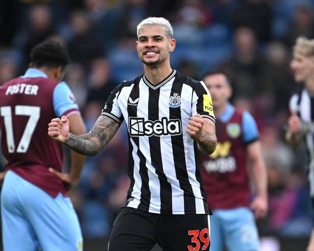 Bruno Guimaraes of Newcastle United celebrates after scoring the third Newcastle goal during the Premier League match between Burnley FC and Newcastle United at Turf Moor on May 04, 2024 in Burnley, England. (Photo by Stu Forster/Getty Images)