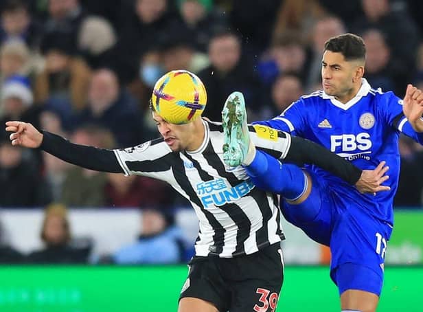 Newcastle United's Brazilian midfielder Bruno Guimaraes (L) vies with Leicester City's Spanish striker Ayoze Perez (R) during the English Premier League football match between Leicester City and Newcastle United at King Power Stadium in Leicester, central England on December 26, 2022 (Photo by LINDSEY PARNABY/AFP via Getty Images)