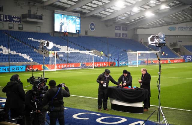 Broadcasters at the Amex Stadium.