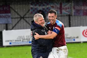 Joint manager Graham Fenton and captain Robert Briggs celebrate South Shields' win over Halifax Town (photo: Kevin Wilson)