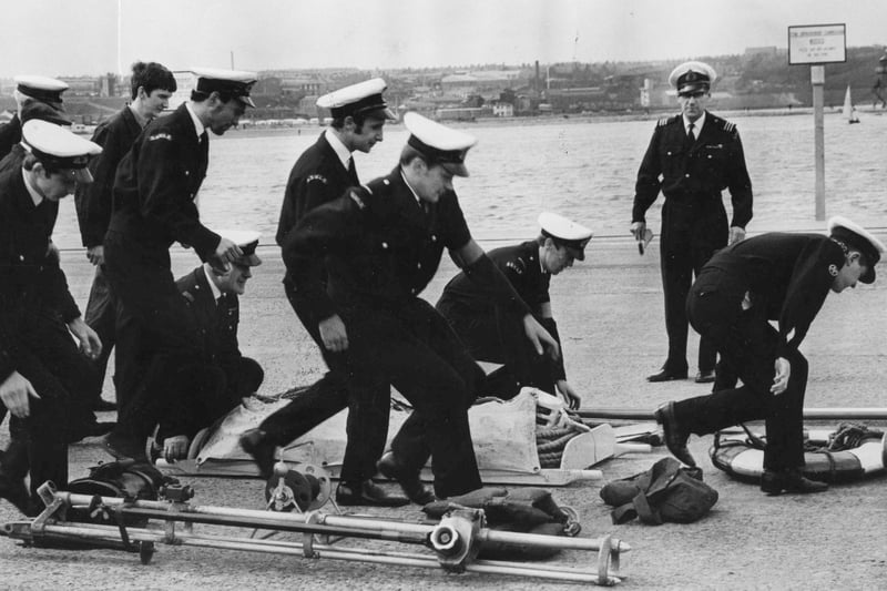 Members of South Shields Volunteer Life Brigade taking part in a mock rescue in May 1968.