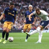Harry Kane of Spurs shoots at goal during the Premier League match between Tottenham Hotspur and Newcastle United at Tottenham Hotspur Stadium on October 23, 2022 in London, England. (Photo by Julian Finney/Getty Images)