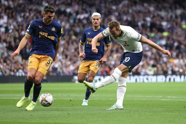 Harry Kane of Spurs shoots at goal during the Premier League match between Tottenham Hotspur and Newcastle United at Tottenham Hotspur Stadium on October 23, 2022 in London, England. (Photo by Julian Finney/Getty Images)