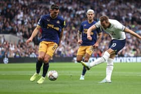 Harry Kane of Spurs shoots at goal during the Premier League match between Tottenham Hotspur and Newcastle United at Tottenham Hotspur Stadium on October 23, 2022 in London, England. (Photo by Julian Finney/Getty Images)