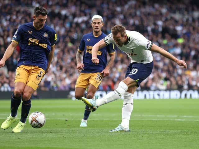 Harry Kane of Spurs shoots at goal during the Premier League match between Tottenham Hotspur and Newcastle United at Tottenham Hotspur Stadium on October 23, 2022 in London, England. (Photo by Julian Finney/Getty Images)