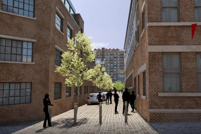 Another image of Thomas Street here, again a screenshot from a fly-through video of Mesters' Village - this shows how a walkway between two buildings would be brightened up with greenery.