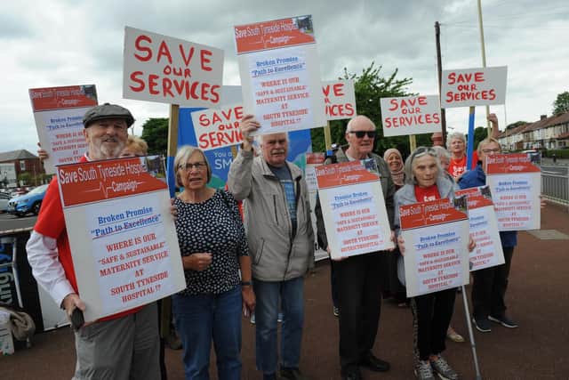 Campaigners outside South Tyneside District Hospital protesting over the closure of the midwife led birthing unit, which has been closed since January.