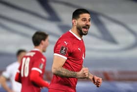 Aleksandar Mitrovic celebrates after scoring Serbia's second goal.