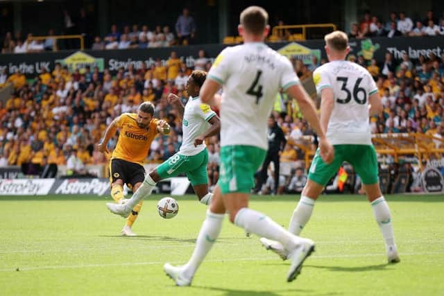 Ruben Neves of Wolverhampton Wanderers scores their team's first goal  during the Premier League match between Wolverhampton Wanderers and Newcastle United at Molineux on August 28, 2022 in Wolverhampton, England. (Photo by Eddie Keogh/Getty Images)