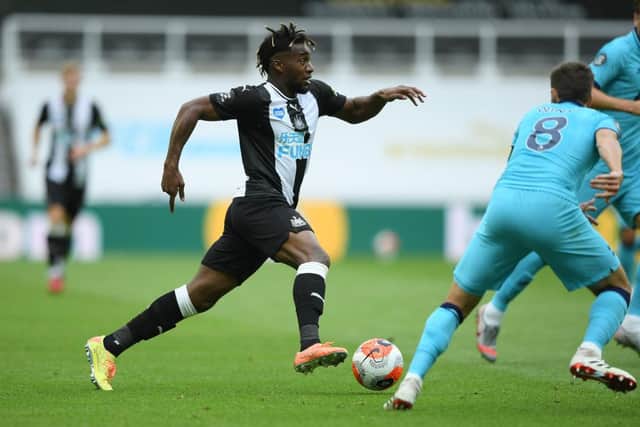 NEWCASTLE UPON TYNE, ENGLAND - JULY 15: Newcastle wing wizard Allan Saint-Maximin in action during the Premier League match between Newcastle United and Tottenham Hotspur at St. James Park on July 15, 2020 in Newcastle upon Tyne, England.