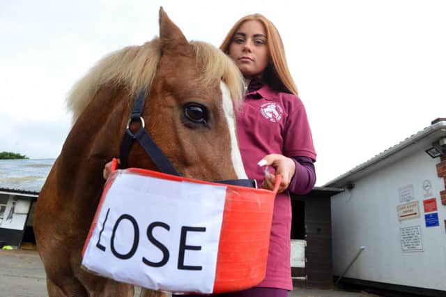 Penshaw Equestrian Centre's Ezmie Stanton with Yellow the psychic pony who predicts a lose result ahead of the England V Italy Euro2020 final.