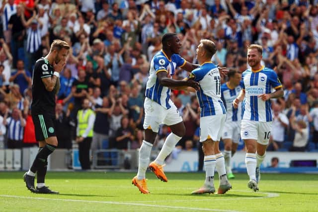 Moises Caicedo of Brighton & Hove Albion celebrates with Leandro Trossard after scoring their sides second goal during the Premier League match between Brighton & Hove Albion and Leicester City at American Express Community Stadium on September 04, 2022 in Brighton, England. (Photo by Bryn Lennon/Getty Images)