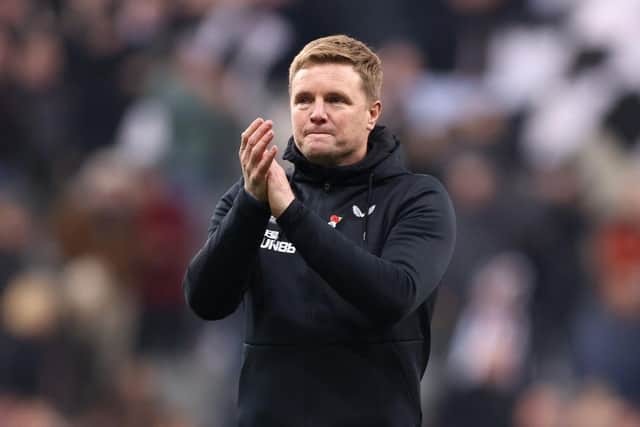 Eddie Howe, Manager of Newcastle United, applauds the fans following victory in the Premier League match between Newcastle United and Chelsea FC at St. James Park on November 12, 2022 in Newcastle upon Tyne, England. (Photo by George Wood/Getty Images)