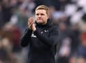 Eddie Howe, Manager of Newcastle United, applauds the fans following victory in the Premier League match between Newcastle United and Chelsea FC at St. James Park on November 12, 2022 in Newcastle upon Tyne, England. (Photo by George Wood/Getty Images)