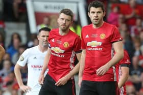 Michael Carrick and Graeme Carrick of Manchester United '08 XI in action during the Michael Carrick Testimonial match between Manchester United '08 XI and Michael Carrick All-Stars at Old Trafford on June 4, 2017 in Manchester, England.  (Photo by Matthew Peters/Manchester United via Getty Images)