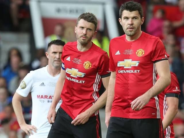 Michael Carrick and Graeme Carrick of Manchester United '08 XI in action during the Michael Carrick Testimonial match between Manchester United '08 XI and Michael Carrick All-Stars at Old Trafford on June 4, 2017 in Manchester, England.  (Photo by Matthew Peters/Manchester United via Getty Images)