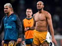 Newcastle United's Joelinton celebrates the club's win over Tottenham Hotspur with team-mate Bruno Guimaraes.