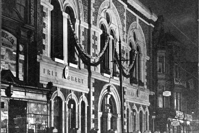 Photograph, showing South Shields Public Library and Museum floodlit during the jubilee celebrations of King George V in 1935