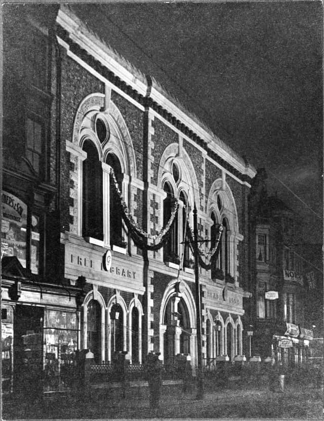 Photograph, showing South Shields Public Library and Museum floodlit during the jubilee celebrations of King George V in 1935