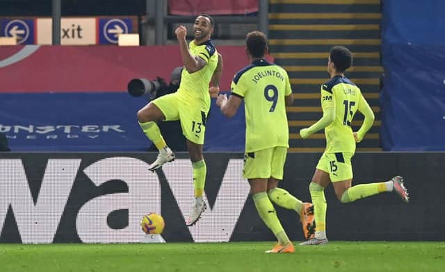 The Newcastle United players celebrate a goal.