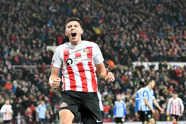 Ross Stewart celebrates his perfect hat-trick at the Stadium of Light