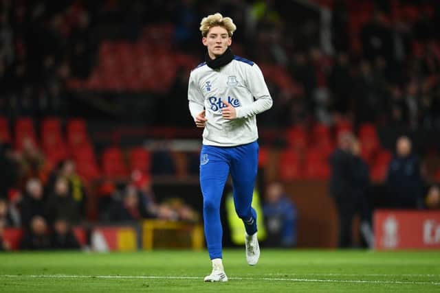 Anthony Gordon of Everton warms up prior to the Emirates FA Cup Third Round match between Manchester United and Everton at Old Trafford on January 06, 2023 in Manchester, England. (Photo by Gareth Copley/Getty Images)