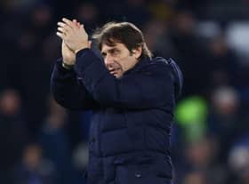 Antonio Conte, Manager of Tottenham Hotspur applauds the fans following the Premier League match between Brighton & Hove Albion and Tottenham Hotspur at American Express Community Stadium on March 16, 2022 in Brighton, England. (Photo by Julian Finney/Getty Images)