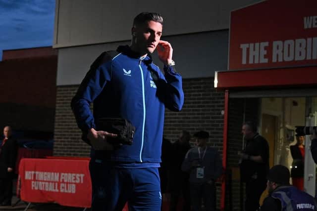 Newcastle United defender Fabian Schar arrives at the City Ground for the club's last game.