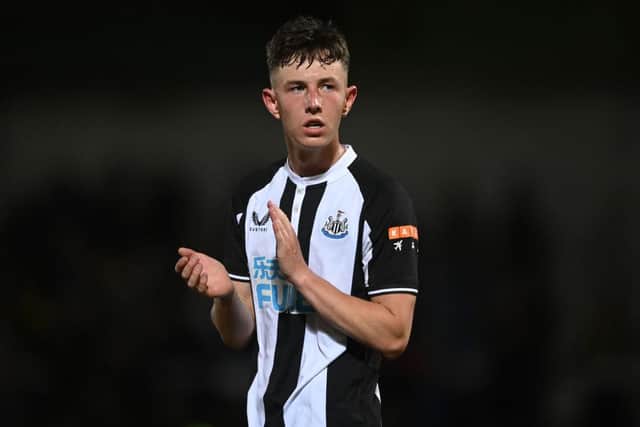 Joe White of Newcastle looks on during the pre-season friendly between Burton Albion and Newcastle United at the Pirelli Stadium on July 30, 2021 in Burton-upon-Trent, England. (Photo by Michael Regan/Getty Images)