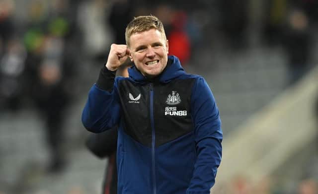 Newcastle manager Eddie Howe celebrates with the fans after the Premier League match between Newcastle United  and  Everton at St. James Park on February 08, 2022 in Newcastle upon Tyne, England. (Photo by Stu Forster/Getty Images)