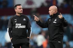 Newcastle coaches Steve Harper (l) and Steve Agnew chat during the warm up before the Premier League match between Aston Villa and Newcastle United at Villa Park on November 25, 2019 in Birmingham, United Kingdom.