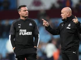 Newcastle coaches Steve Harper (l) and Steve Agnew chat during the warm up before the Premier League match between Aston Villa and Newcastle United at Villa Park on November 25, 2019 in Birmingham, United Kingdom.