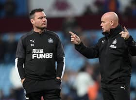 Newcastle coaches Steve Harper (l) and Steve Agnew chat during the warm up before the Premier League match between Aston Villa and Newcastle United at Villa Park on November 25, 2019 in Birmingham, United Kingdom.