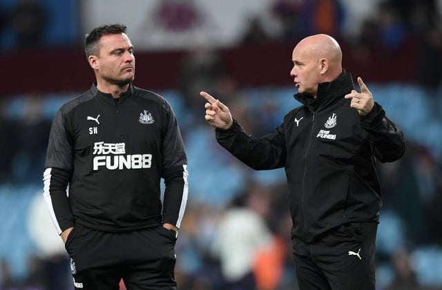 Newcastle coaches Steve Harper (l) and Steve Agnew chat during the warm up before the Premier League match between Aston Villa and Newcastle United at Villa Park on November 25, 2019 in Birmingham, United Kingdom.