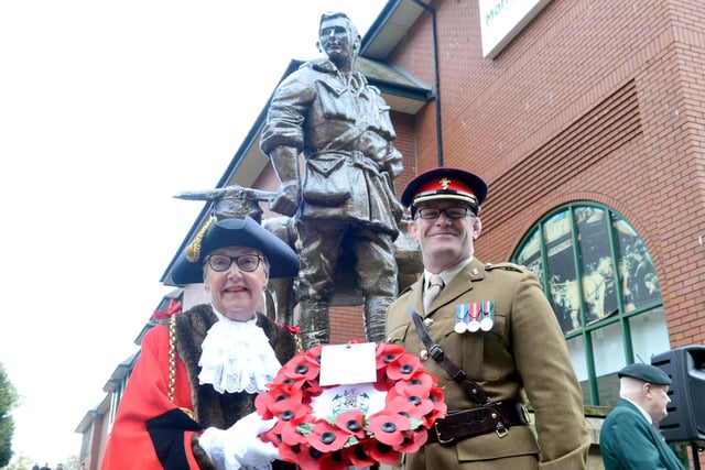 South Tyneside Mayor Pat Hay and Lt. Col. Andy Black pay tribute for the Anzac Day service at the John Simpson Kirkpatrick memorial statue.