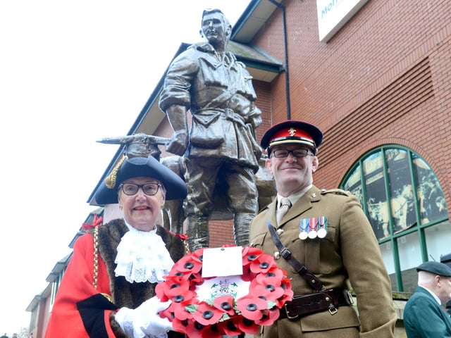 South Tyneside Mayor Pat Hay and Lt. Col. Andy Black pay tribute for the Anzac Day service at the John Simpson Kirkpatrick memorial statue.