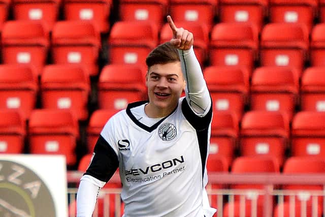 Lewis McNall celebrates scoring on his first start for Gateshead against Maidstone.