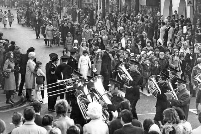 The 120th annual Procession of Witness marches down King's Street into the Market Place for the Easter Service in 1971.