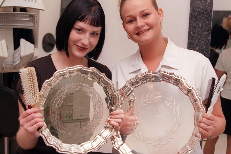 Hairdressing Apprentice of the Year award winner Emma Dillon (right) and runner-up Carly mannion, both aged 20 pictured in 1999